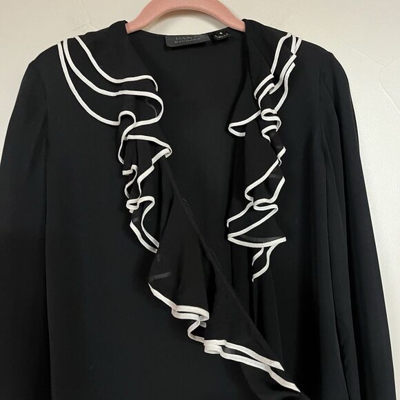 Dana Buchman Black Tuxedo Ruffle Wrap Long Sleeve‎ 100% Silk Blouse SZ 6 Medium - Picture 5 of 16